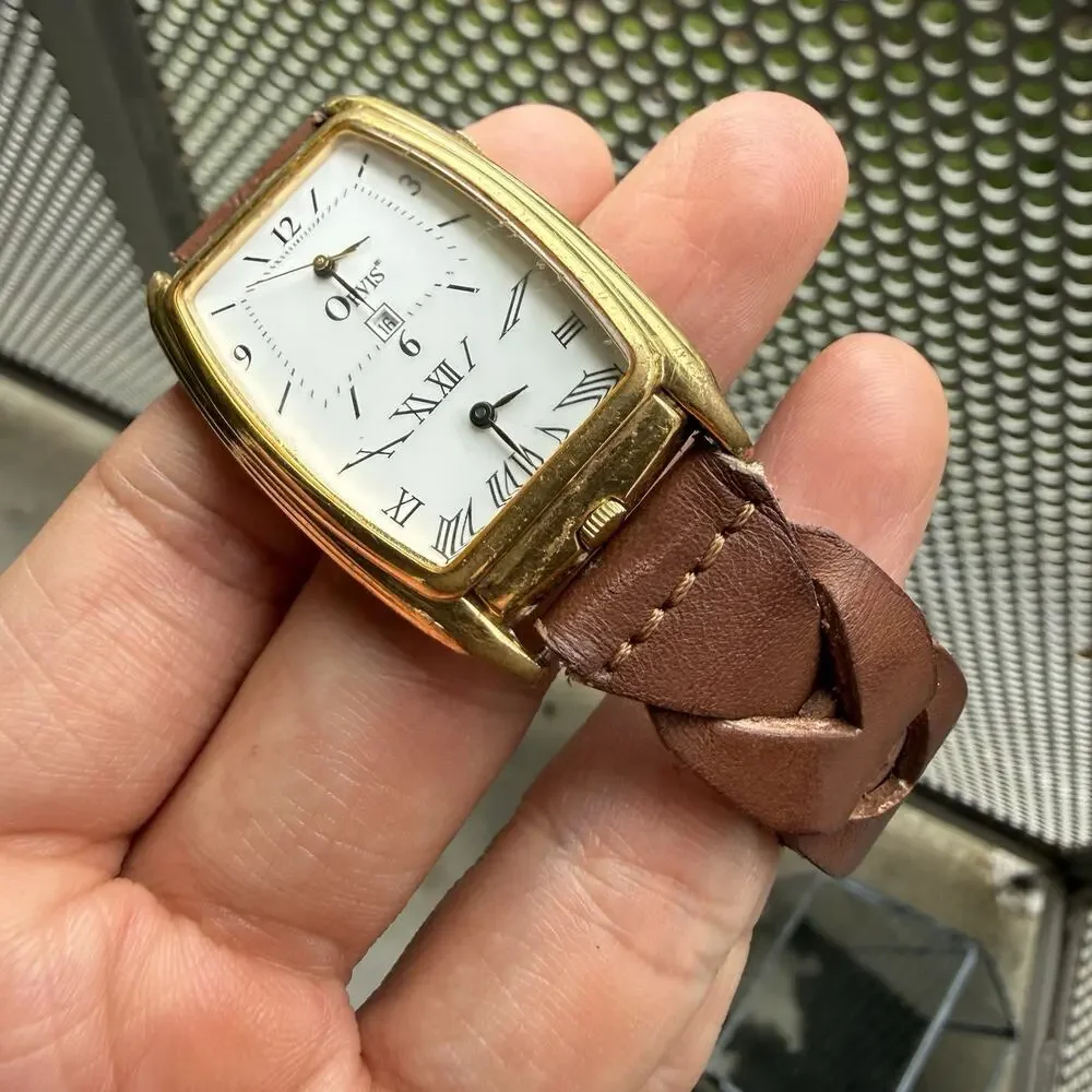 Vintage Orvis Dual Time Gold Plated Men’s Dress Wrist Watch Woven Brown Bracelet